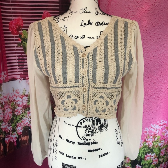 Floral Blouse crochet embroidery cropped French style knit chiffon puff sleeve - Picture 5 of 8